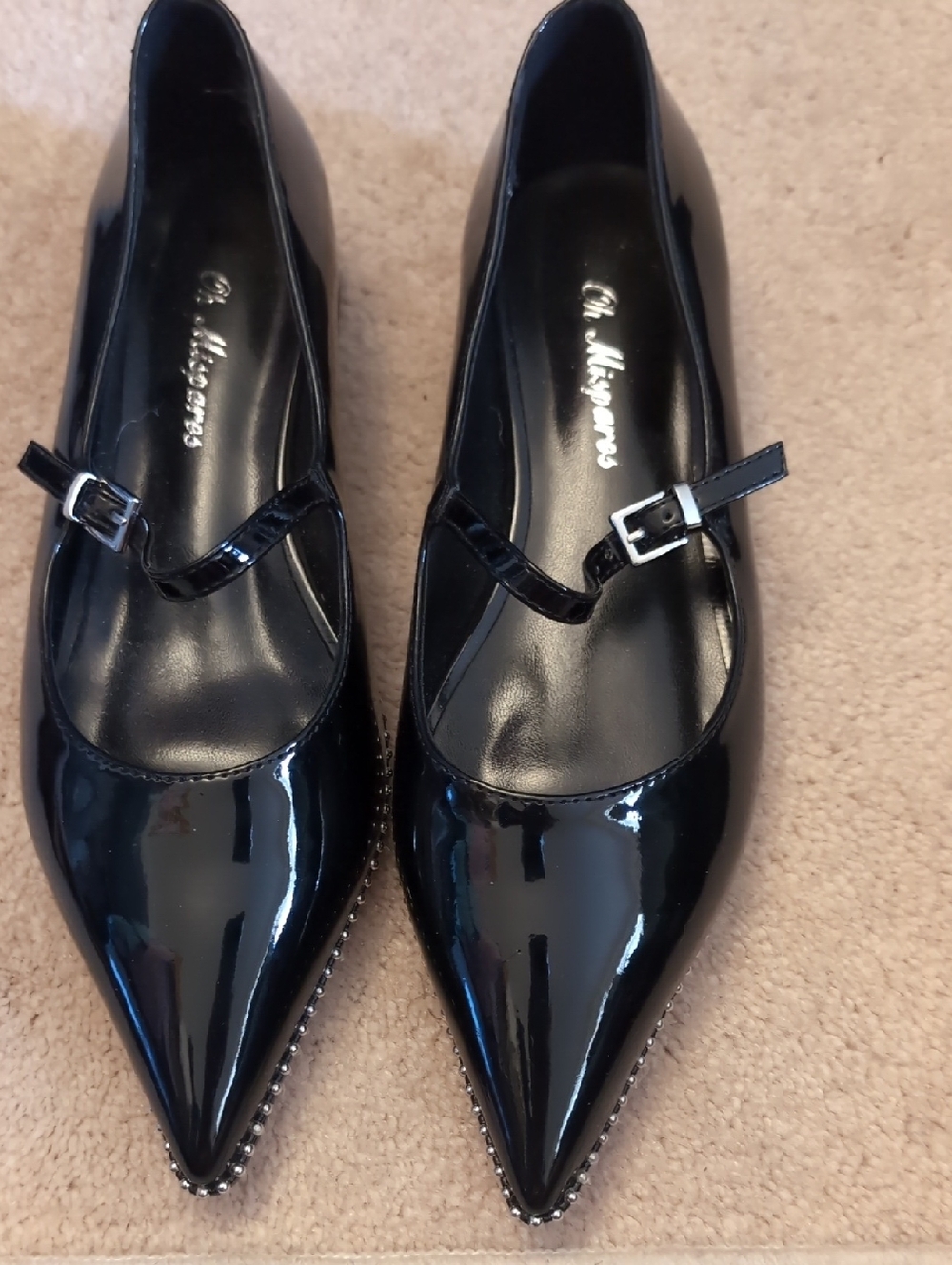 Black Patent Pointed Mary Jane Heels with Studded Trim